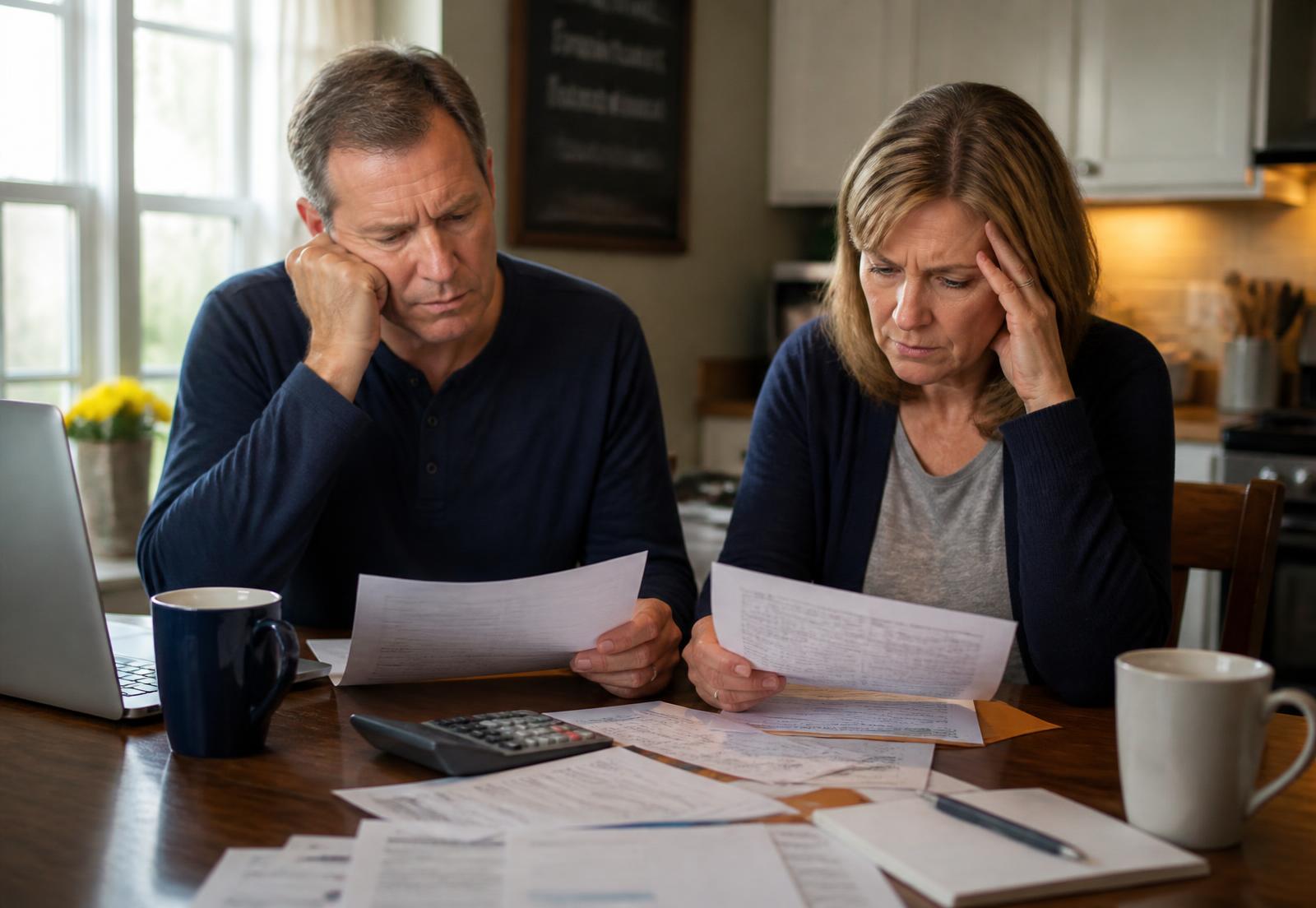 Homeowners reviewing contract paperwork at their kitchen table