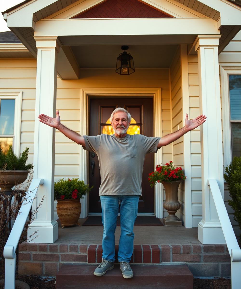 Homeowner relieved on the porch of their home
